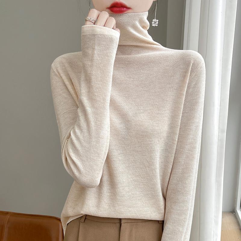 Осенний женский вязаный свитер с наборным воротом, длинный рукав, женские однотонные топы