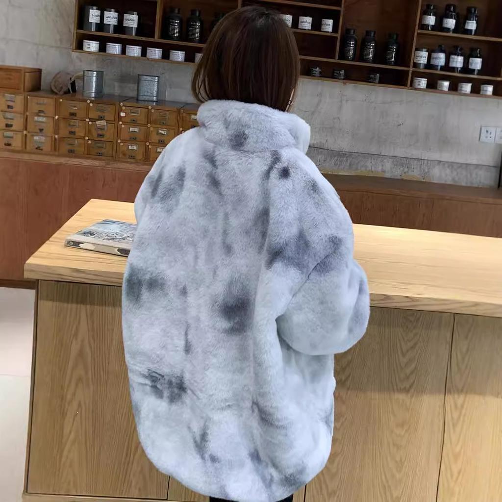 New Tie-dye Rabbit Fur Top Stand-up Collar Zipper Fur Thick Coat Medium and Long Large Size Loose Furry Coat Winter