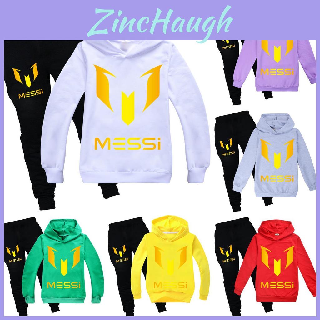 Messi Letter Print Cartoon Kids Hoodie And Pants Set With Cotton Fabric