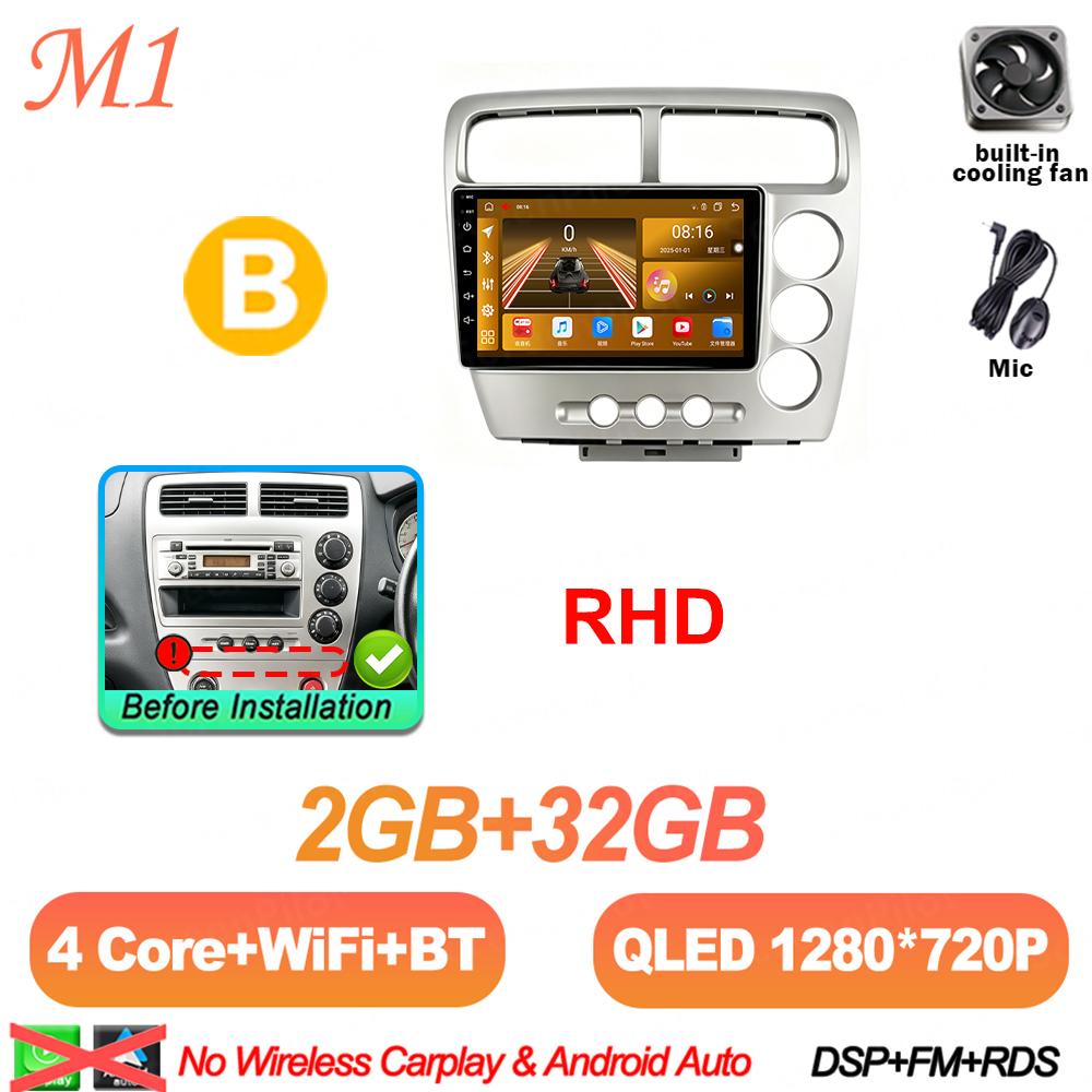 Android 16 For HONDA Civic EP3 2000-2005 Car Radio Stereo Head Unit Multimedia Video Player GPS Navigation 2K QLED 9 Inch 8 Core