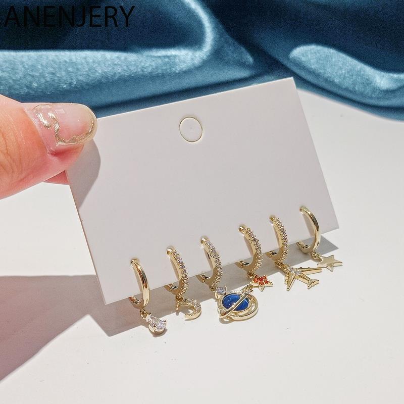 ANENJERY Наборы сережек-кольца из 6 предметов с цирконом, самолетом, планетой, Луной, звездой для женщин, роскошные блестящие ювелирные изделия