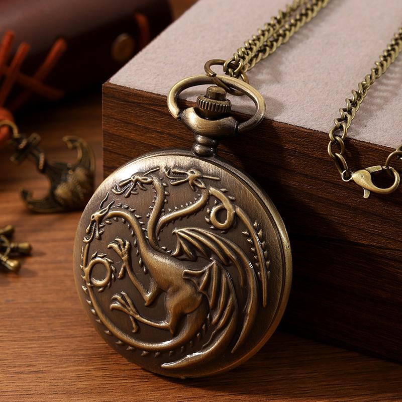2 шт./набор, 1 шт. ретро модные мужские часы с тремя головками дракона дизайн корпуса кварцевые карманные часы и 1 шт. роскошное мужское ожерелье, идеальный выбор для подарков мужчинам