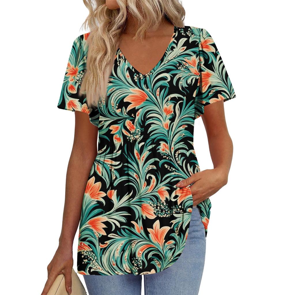 Women's Loose Casual Print V-Neck Short Sleeved T-Shirt Top Short Sleeved T-Shirt Top
