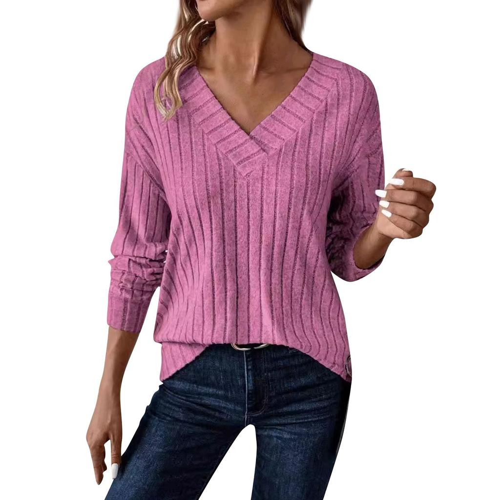 Женская модная футболка-пуловер с длинным рукавом и V-образным вырезом, однотонный топ