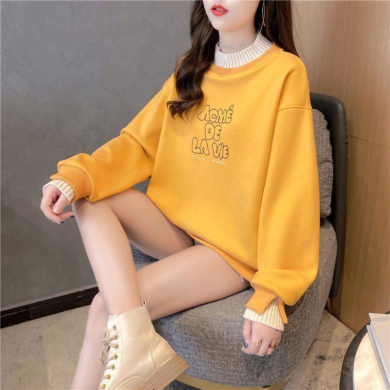 Sweatshirt Women Autumn Thickened Warm Loose Fake Two Piece Tops Half High Neck Hoodless Pullover Top
