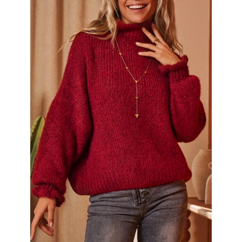 New Autumn and Winter American Casual Turtleneck Red Sweater Cardigan Simple Style Loose Knitted Top