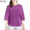 Women Casual Round Neck 3/4 Sleeve Loose Patchwork Lace Crochet Blouse