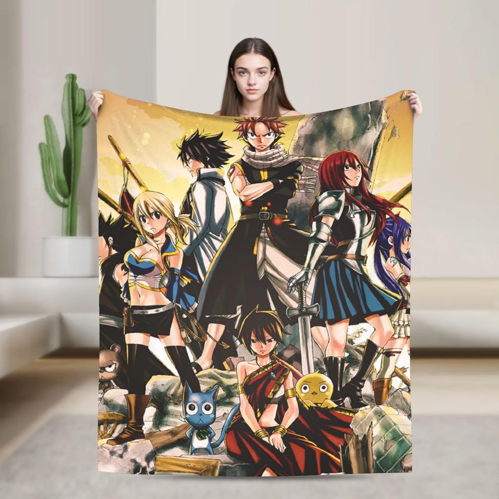 Natsu Erza Lucy Happy Blanket Velvet Spring Fairys Tails Portable Lightweight Thin Throw Blanket for Home Couch Rug Piece