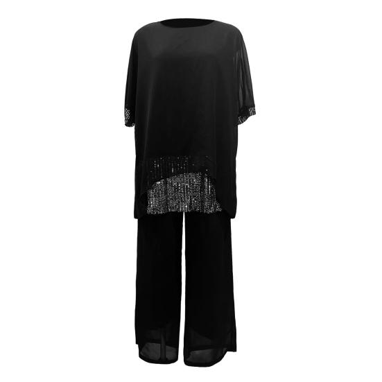 Yousheng, 2 шт./компл., женская футболка, комплект брюк, свободный комплект с круглым вырезом и рукавами «летучая мышь», блестящий топ с пайетками, высокая талия, широкие двухслойные брюки, повседневный повседневный наряд