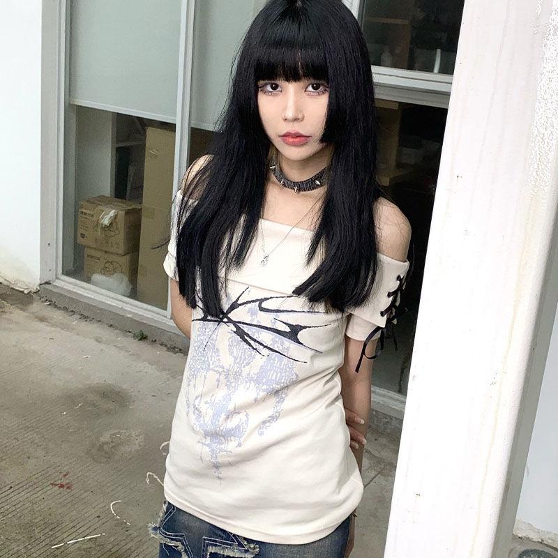 Slim Fit Print Short Sleeve Tees White Sexy Slash Neck Women's Summer Lace-up T-shirt Punk Y2k Fashion Subculture Top