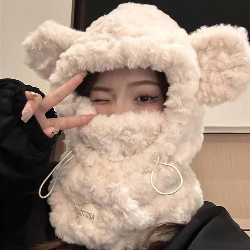 Cute bear plush hat women's scarf integrated thickened plush cycling cold protection ear protection Korean version Lei Feng hat