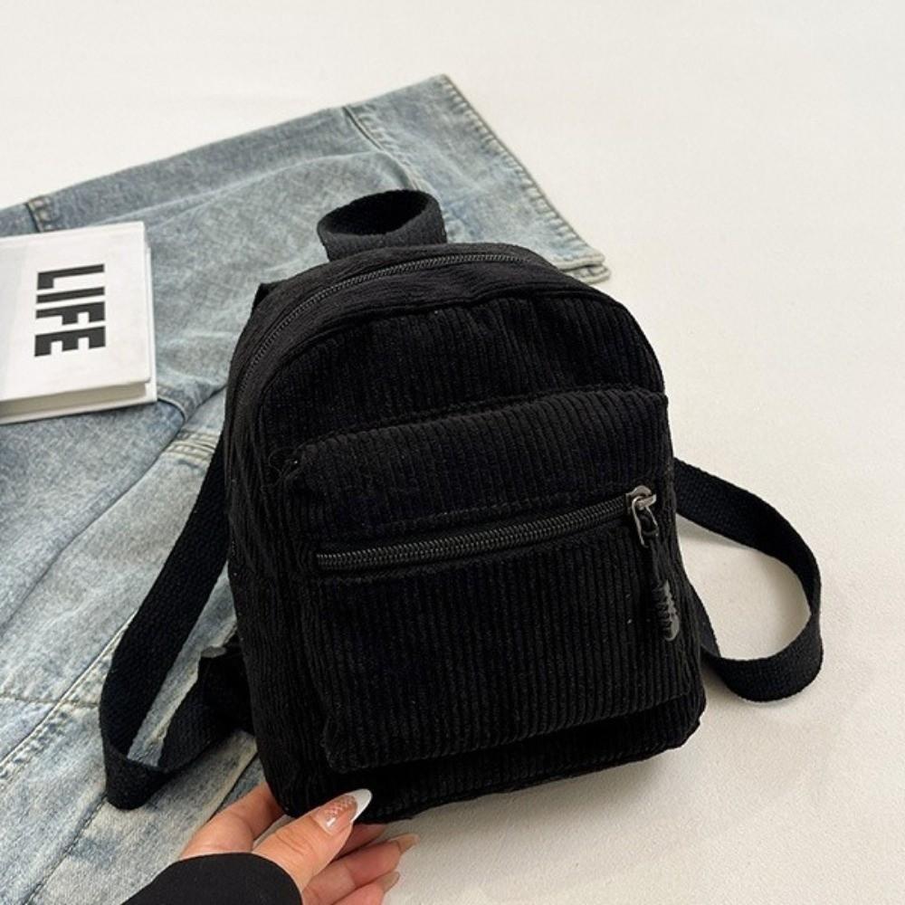 Zipper Double Shoulder Bag Solid Color Daypack Fashion Corduroy Mini Backpack Daily Travel