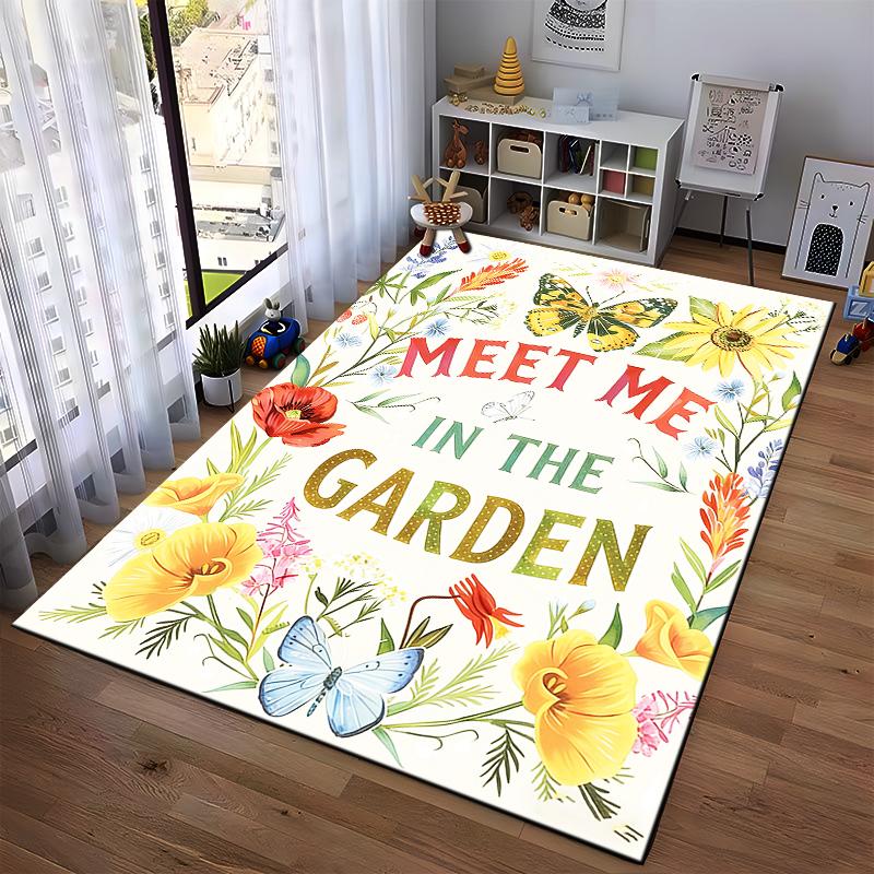 "Floral Carpet With 'Meet Me In The Garden' Text and Butterflies" Suitable for use as an anti-slip for living room bedroom sofas