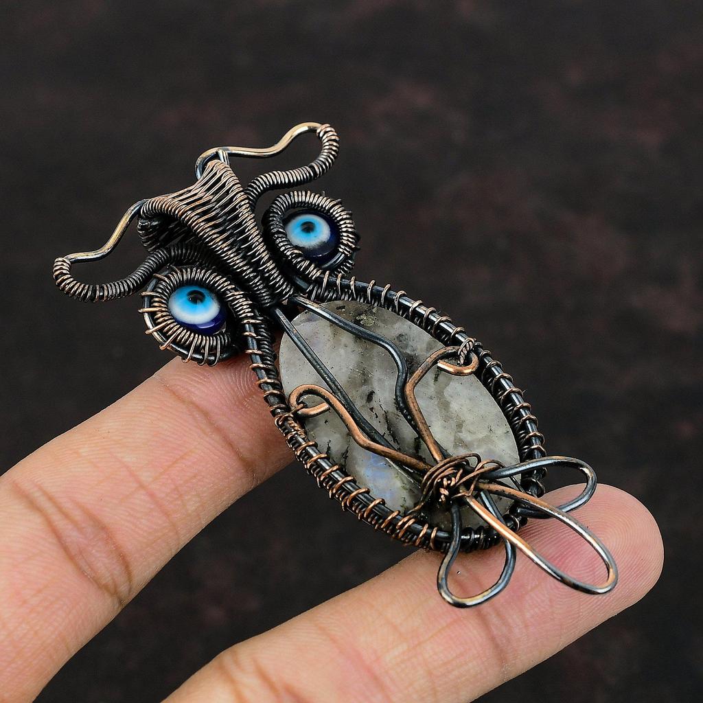 Подвеска с радужным лунным камнем, медная проволока, обернутая драгоценным камнем, подвеска ручной работы, синяя подвеска от сглаза, медная подвеска в виде совы, подарок для нее