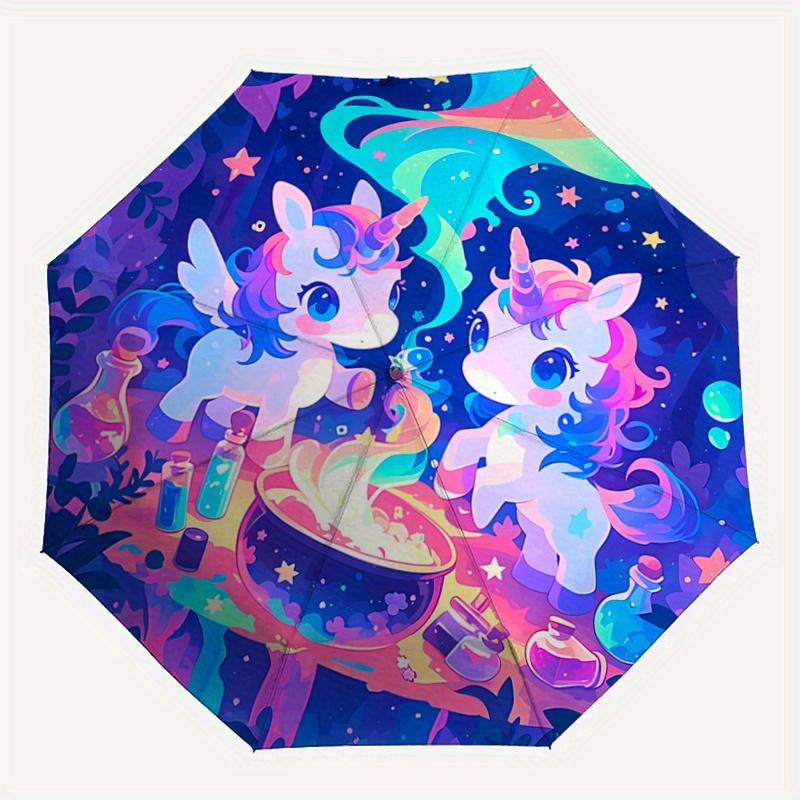 1pc Magic Potion Two Unicorns Cartoon Umbrella, Portable 3-Fold Compact Umbrella, Suitable for Camping, Hiking and Travel, Ideal Easter Birthday