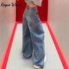 RogueWave Letter Hot Diamonds High Waited Jeans Woman Street Fashion Baggy Jeans Women Clothing Casual Versatile Pants Women