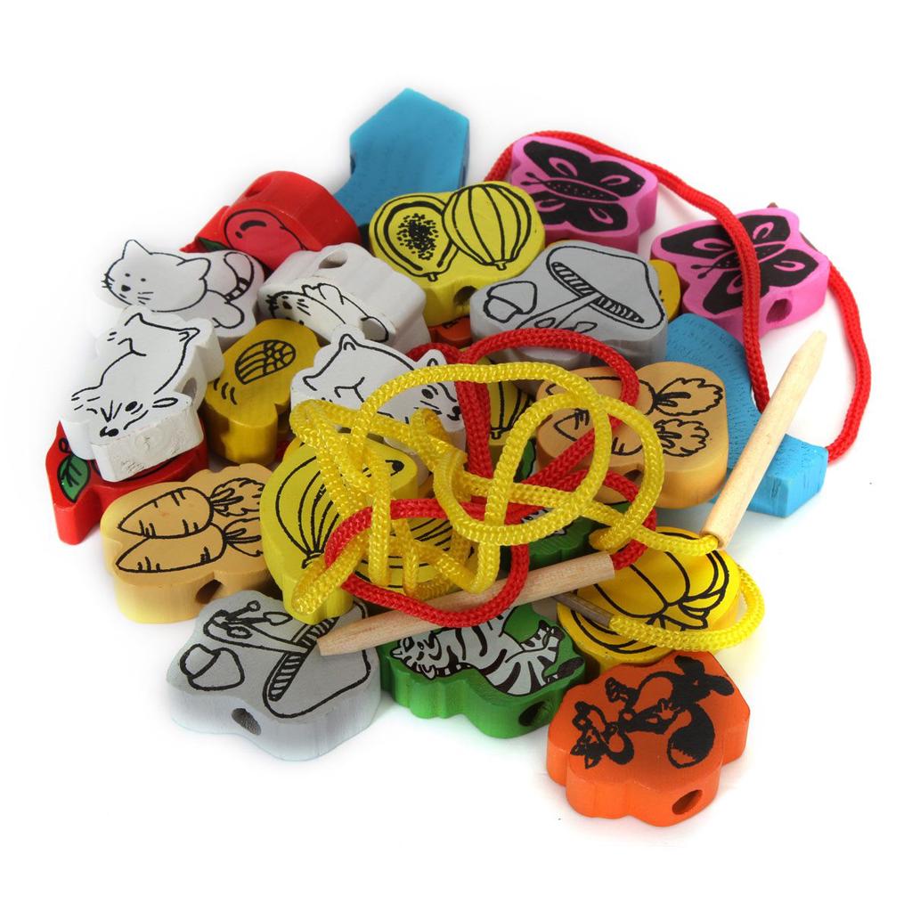 26pcs/SET Wooden Animal Fruit Block Stringing Beaded Toys For Learning & Education Colorful Product
