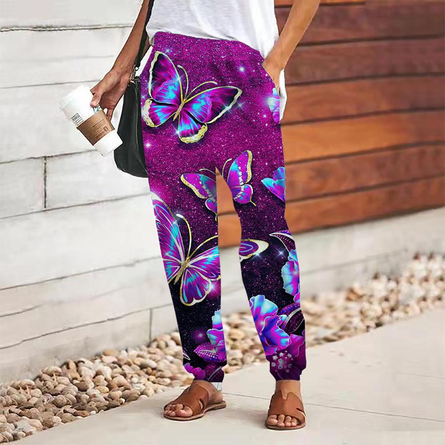 Женские брюки с принтом бабочек, на шнуровке, с эластичной талией, свободные, повседневные длинные брюки, брюки с карманами