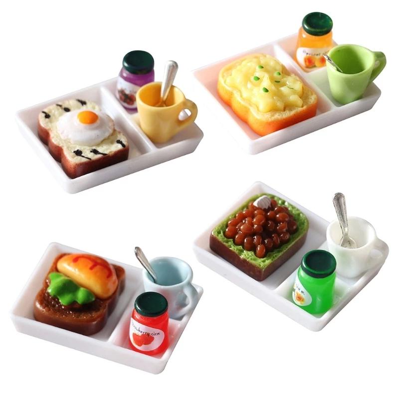 1/12 Doll House Food Kitchen Accessories Delicious Breakfast Bread Pizza Drinks Set for Kids Play Toys