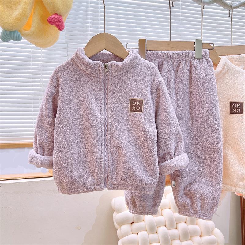 Комплекты Осень Зима Теплые Флисовые Костюмы Кардиган Брюки Наряды Мальчики Девочки Домашняя одежда