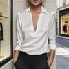 Women Shirt Three-Dimensional Fit V-Neck Lapel Long Sleeve Shirt Tops Solid Color Soft Draped Blouse Loose Fit Commuting Shirt Workwear