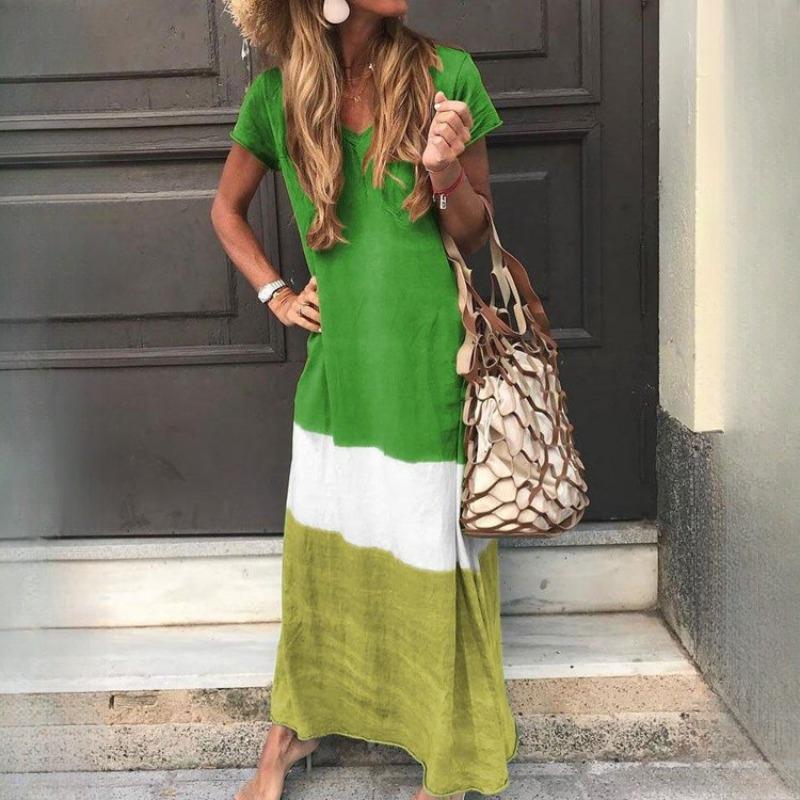 QICED Большие размеры Весна и лето Женские свободные платья с коротким рукавом и цветовым столкновением