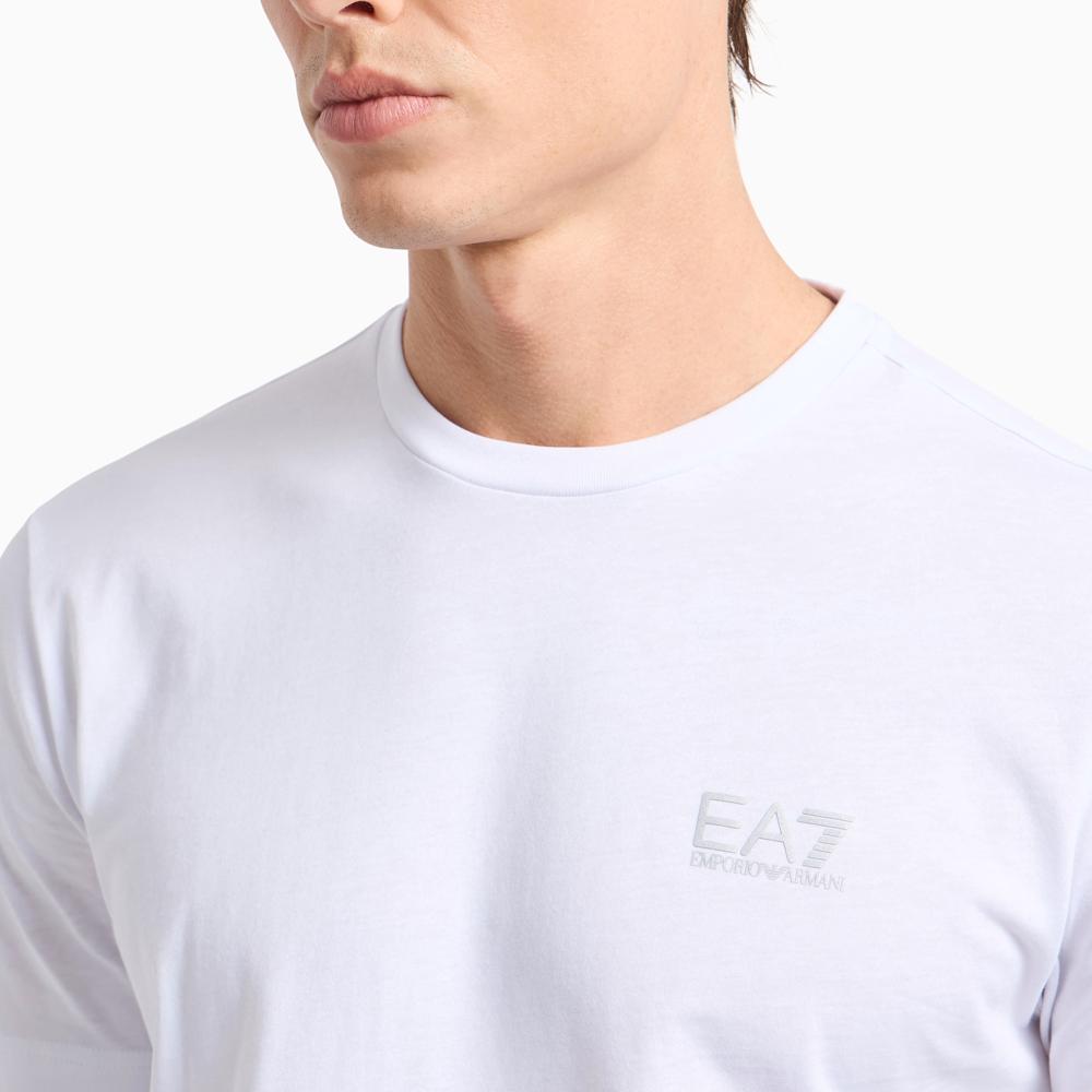 Emporio Armani EA7 Весна/Лето 25 Хлопковая футболка с круглым вырезом и коротким рукавом с маленьким логотипом Мужские топы Белый 8NPT25-PJVPZ-0100