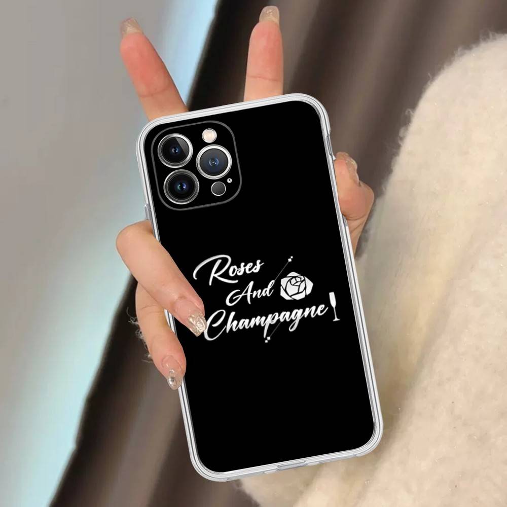 R-Rose And Champagne For iPhone 17 16 15 14 13 12 Mini 11 Pro Max Transparent Case