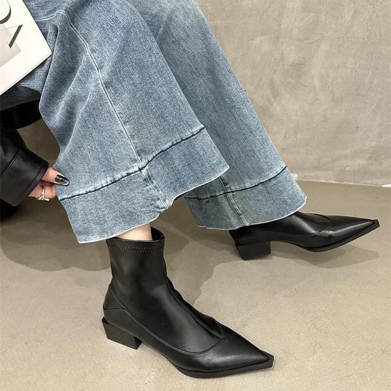 Women's Pointed Toe Chunky Mid Heel Fashion Boots Fashion Short Boots Women's Sleeve Hundred Women's Boots
