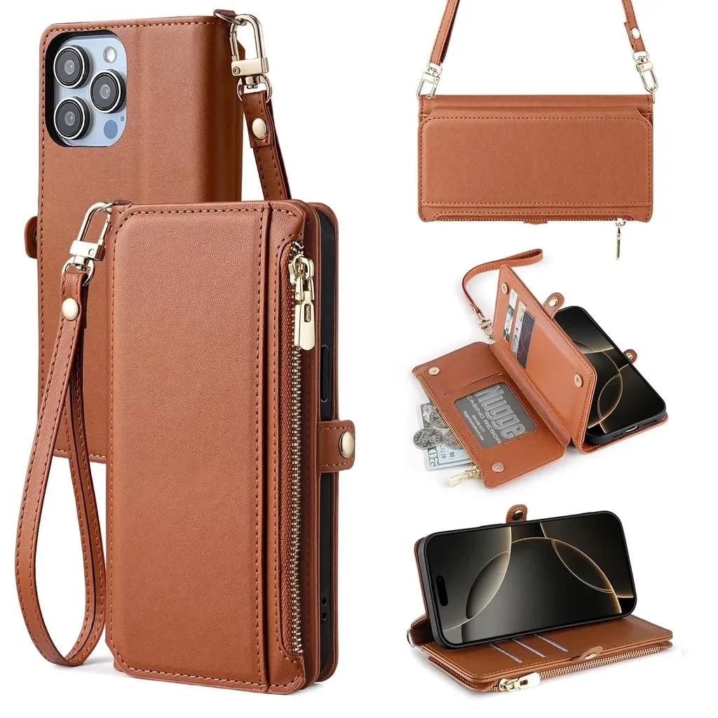 Long Strap Crossbody Leather Case For Google Pixel 10 Pro XL Pixel 9 Pro 9A 8 8A 7 7A 6 6A Zipper Wallet Card Stand Phone Cover