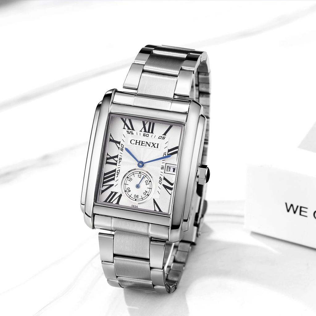 Square Watch 3ATM Waterproof Stainless Steel Roman Alphabet Analog Calendar Quartz Watch Casual Watch Simple Stylish Silver Fashion Accessories Day