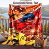 Miraculous Ladybug Flannel Blanket, Personalized Custom Name Text, Soft Warm Plush Throw Blanket For Gift