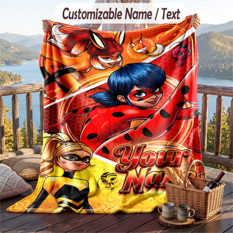 Miraculous Ladybug Flannel Blanket, Personalized Custom Name Text, Soft Warm Plush Throw Blanket For Gift