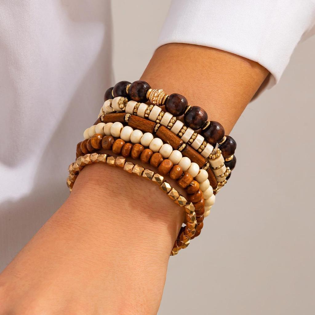 Набор из ретро-неправильных деревянных бусин и геометрического акрилового браслета