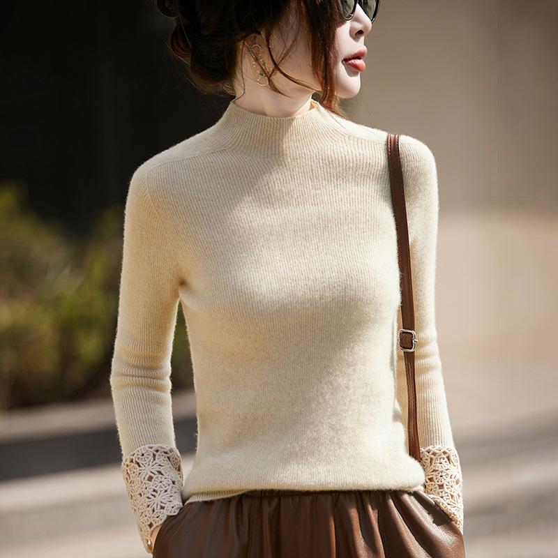 Autumn And Winter New Women'S Wool Semi-Turtleneck Jumper Comfortable Soft Waxy Slim Sweater Handmade Crochet Sleeve Design