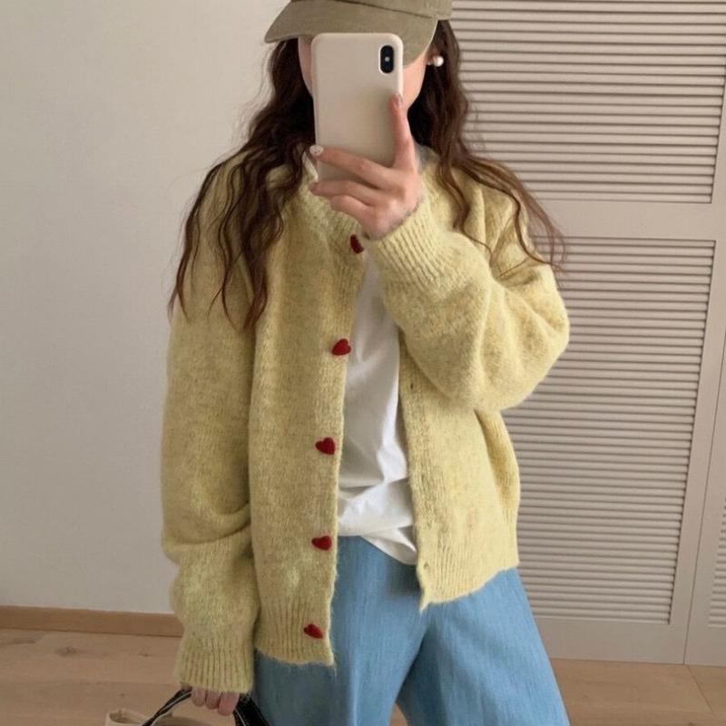 Милый мягкий восковой кардиган с вязаным узором и пряжкой-сердечком, женский, новый, осенне-зимний, свободный, модный, омолаживающий, с круглым вырезом, куртка-свитер