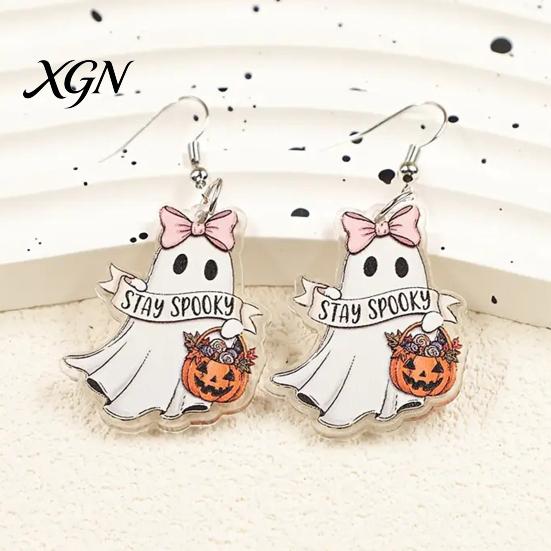 Gift for Girls Women 1 Pair Acrylic Ghost Earrings Women, Halloween Cute Dangle Drop Sweet Cool Holiday Accessories with Pumpkin Bucket And