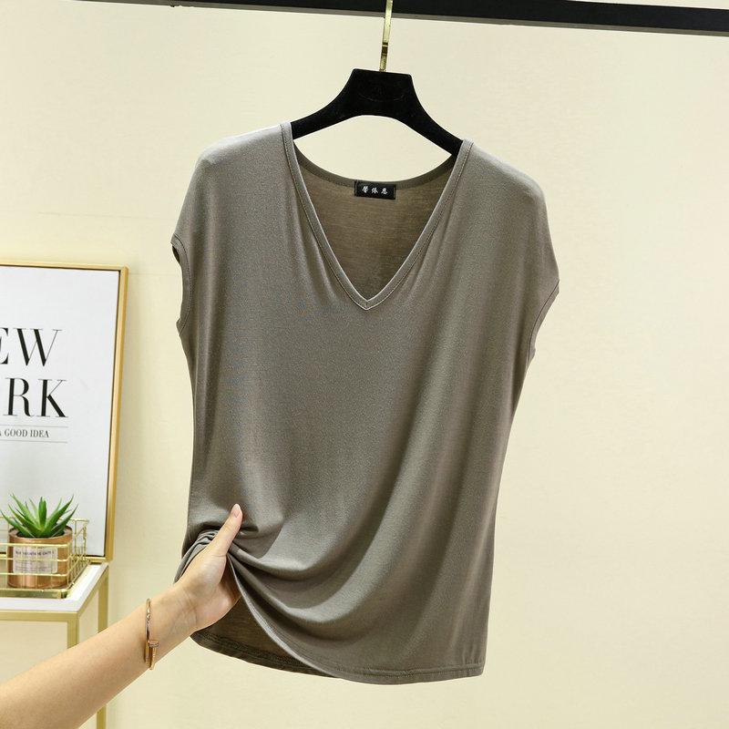 Women's Plus Size V-Neck Modal Tank Top - 2024 Summer Casual Solid Color, Sleeveless and Loose Fit