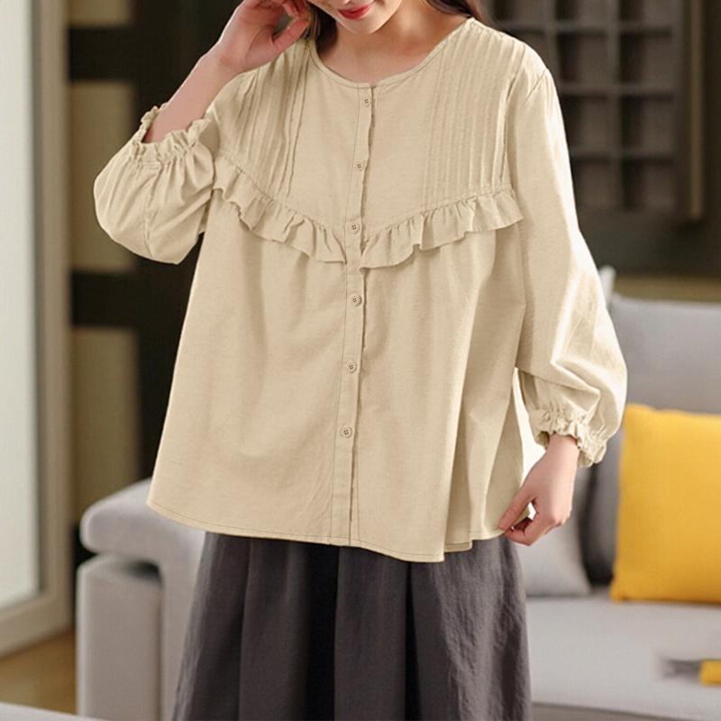 ZANZEA Женская повседневная однотонная блузка с круглым вырезом и длинным рукавом