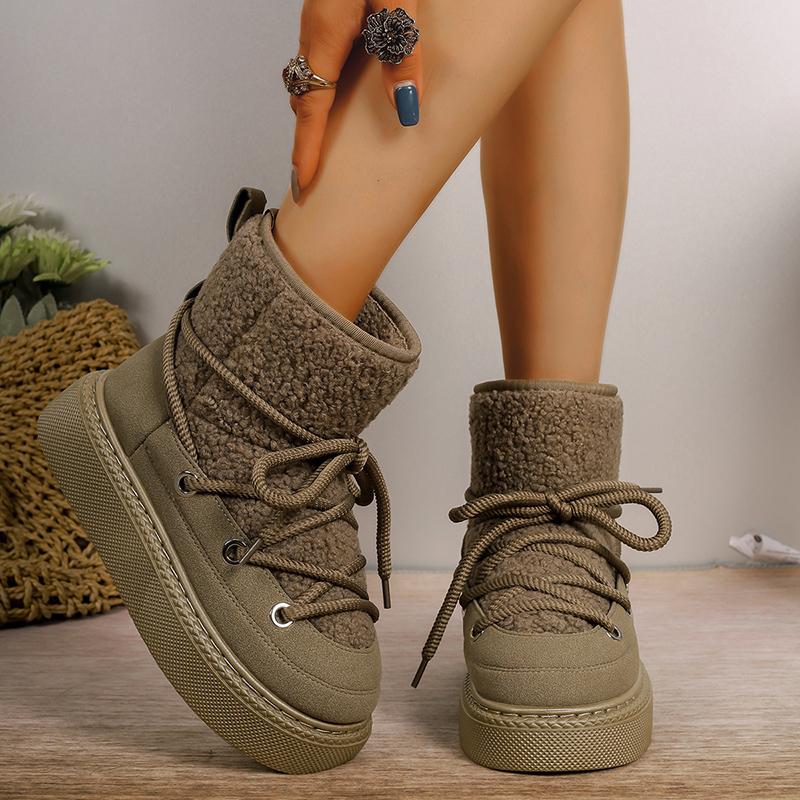 Зимние сапоги из искусственного меха, сохраняющие тепло, женские модные плюшевые зимние сапоги на шнуровке, женские уличные нескользящие хлопковые ботинки на платформе