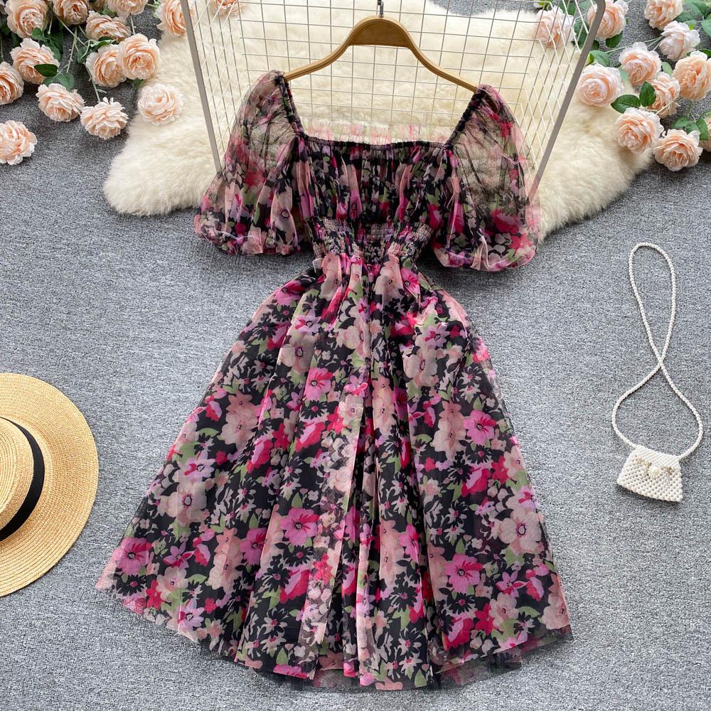 Splice Mesh Floral Print Dress Women Summer Slim Elastic Waist Square Neck Gentle Ladies Sweet Dresses