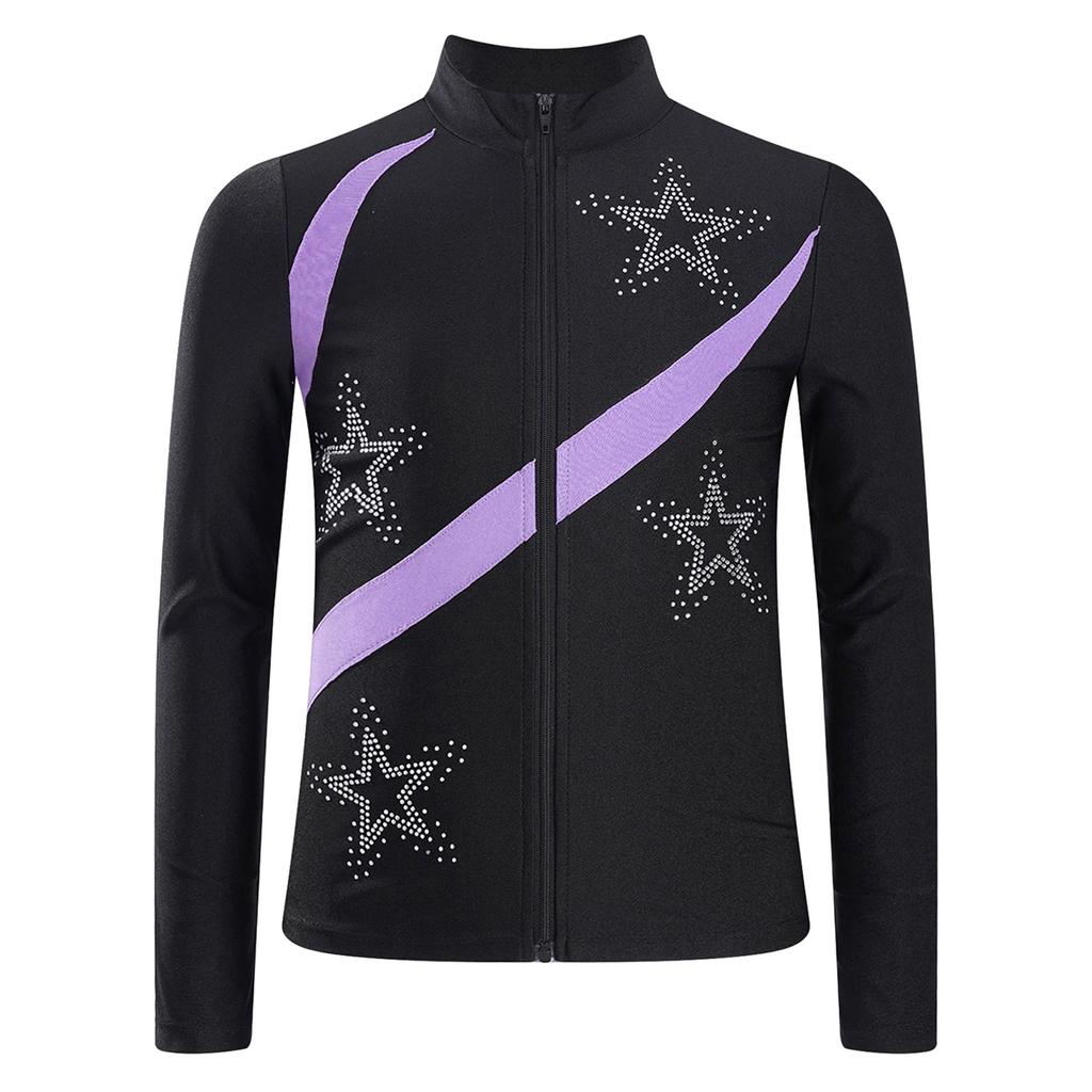 Girls Shiny Rhinestone Star Sports Top Contrast Color Long Sleeve Stand Collar Zipper Sweatshirt Gymnastics Wear
