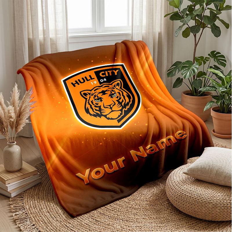 Hull City Custom Name Text Flannel Blanket Soccer Logo Personalized Fleece Throw Blanket Special Gift For Sofa Bedroom Home