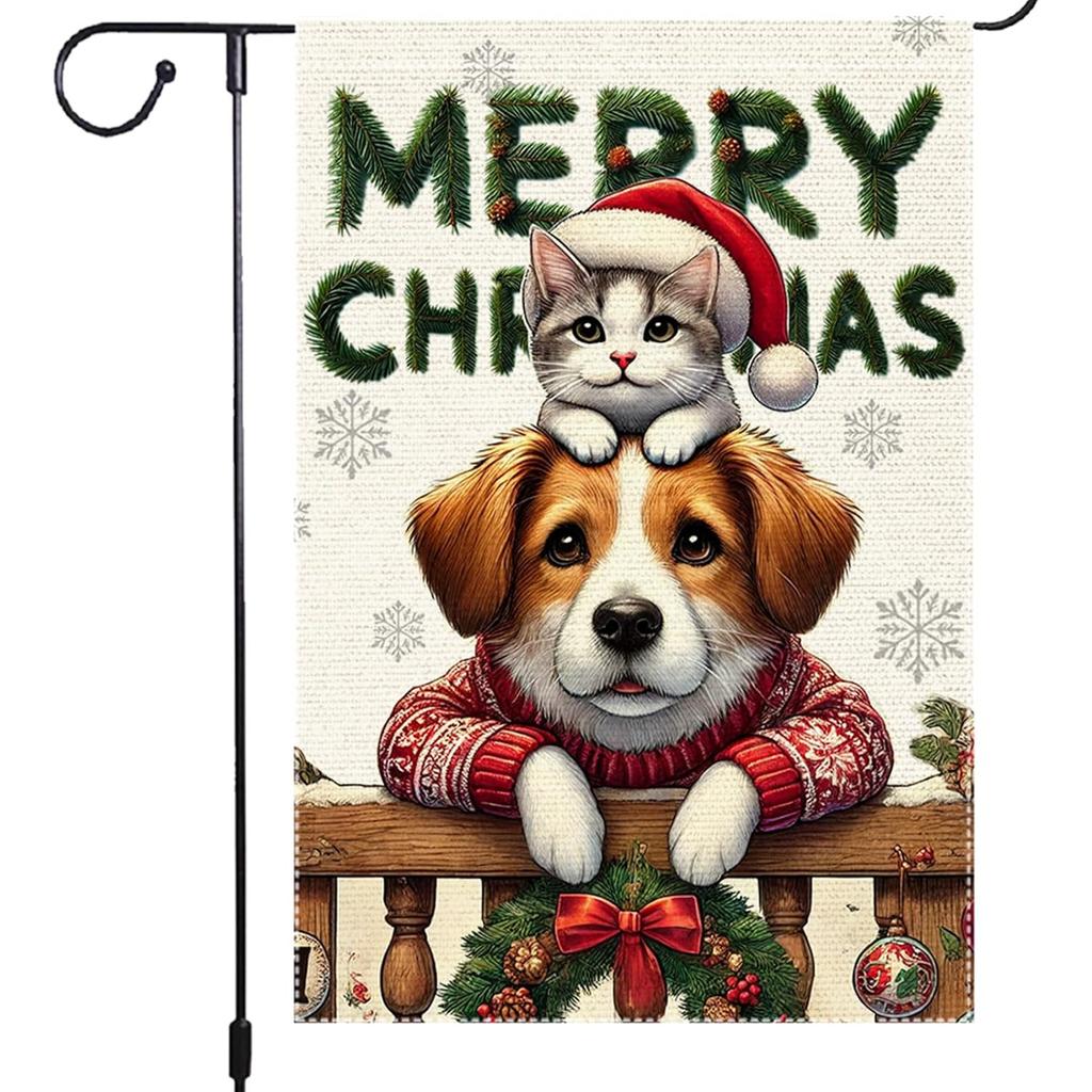 Christmas Garden Flag Double-Sided Small Decor Featuring Dog and in Festive Sweaters