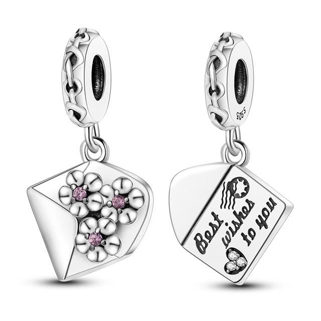 Fit Bracelet Inlaid Zircon Beads Charms 925 Sterling Silver Heart -Shape Colorful Dangle Pendants Bangle Jewelry