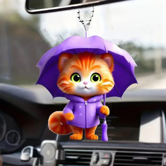 Umbrella Cat Pendant Car Rearview Mirror Charm Kitten 2D Acrylic Car Ornament Cartoon Hanging Decoration for Car Interior Home Window Keys
