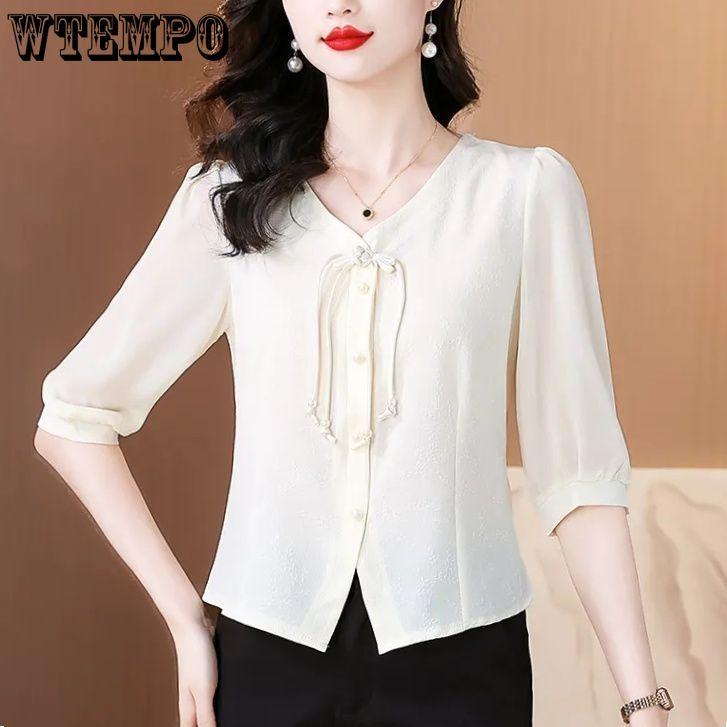 WTEMPO Women Shirt Chinese Style Elegant Long Sleeve Cheongsam Shirt Casual Women Top Female Spring Blouse for Dating