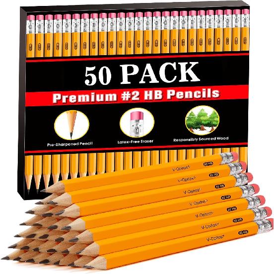 V-Opitos Wood-Cased #2 HB Pencils, 50 Pack Bulk Pre-Sharpened Yellow Pencils with Top Erasers, School Classroom Teacher Supplies, Writing, Drawing