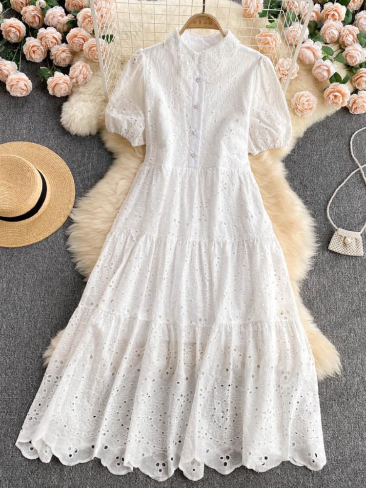 New Elegant Hollow Out Embroidered Polo Bubble Sleeves Loose Bohemian Vacation Dress Womecasual Dresses for Women