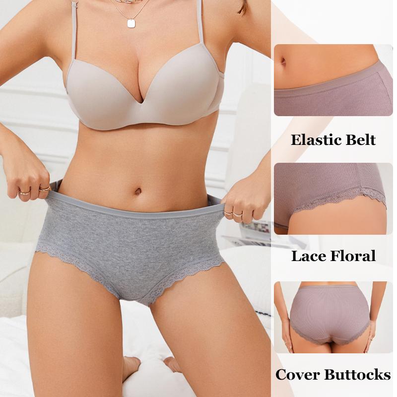 3Pcs Women Cotton Striped Underwear Sexy Lace Stretchy Panties Breathable Mid-Rise Solid Briefs Lady Comfort Plus Size Lingerie